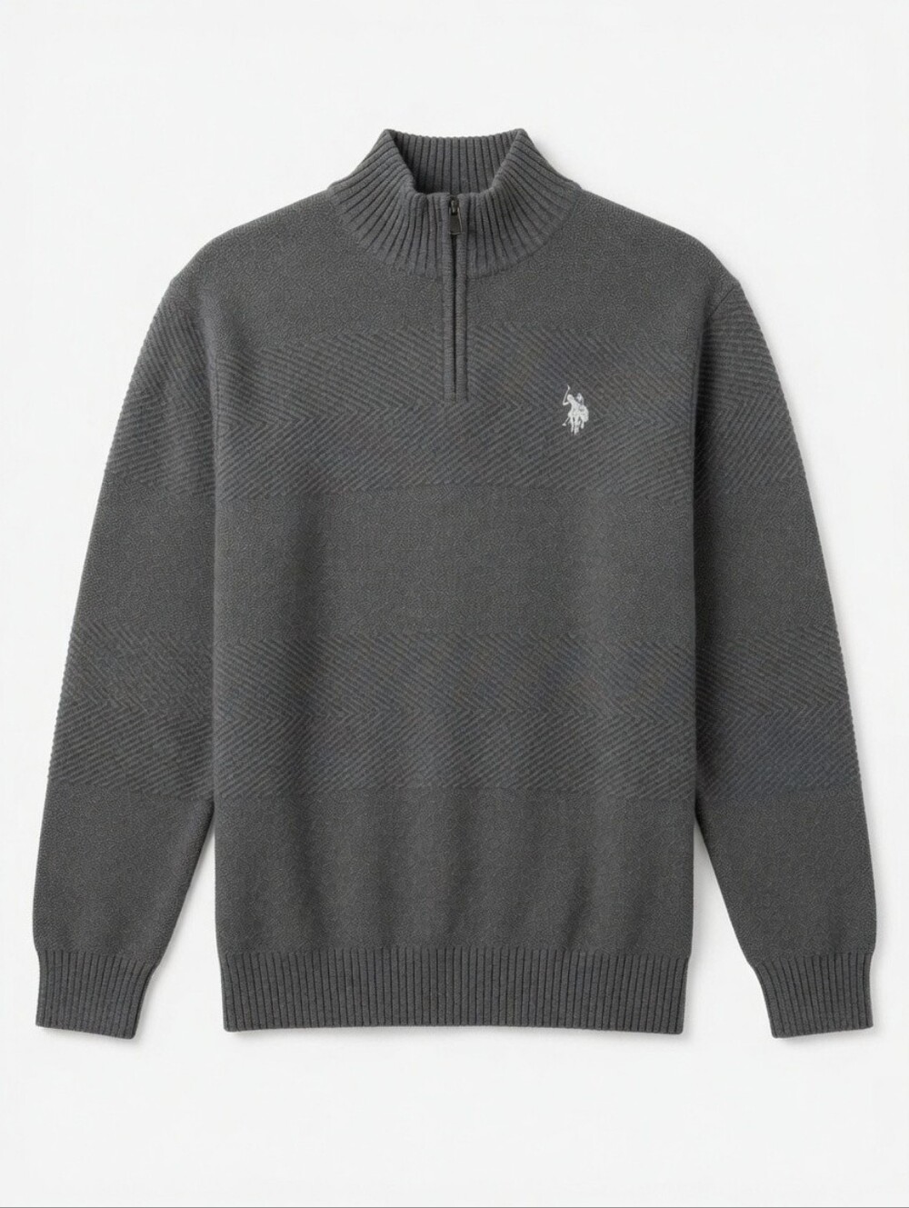 Men's Quarter Zip Thick Cotton Sweater, Iron Heather (Gray), Size Large